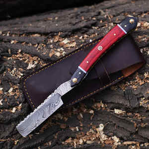 Gran oferta, maquinilla de afeitar hecha a mano para peluquero, maquinillas de afeitar de acero recto de Damasco con Funda de cuero - Product Image 2