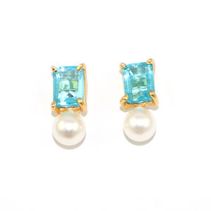 Pendientes de Botón de Diseño Único con Topacio Azul Suizo y Perla de Agua Dulce, Forma Rectangular, Chapados en Oro de 24k, Ligeros, de Latón, al por Mayor - Product Image 1