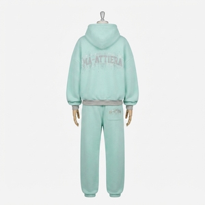 Conjunto de Sudadera con Capucha Oversize Verde Menta y Pantalones Deportivos Grises para Mujer, de Algodón y Felpa, Estilo Casual Urbano, Venta al Por Mayor OEM - Product Image 4