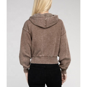 Customized Zipper Heavy Cotton Acid Wash French Terry <b>Zip</b> <b>up</b> Acid Distressed Vintage Wash <b>Cropped</b> Hoodie for Women - Product Image 6