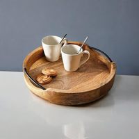 Plateau de service rond en bois avec poignées robustes, plateau en bois brun pour servir des aliments, des boissons et des collations, fournisseur en gros