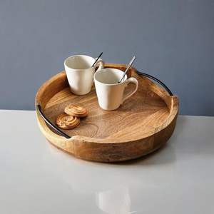 ถาดเสิร์ฟไม้ทรงกลมพร้อมด้ามจับทนทานถาดไม้สีน้ำตาลสำหรับเสิร์ฟอาหารเครื่องดื่มและขนมขายส่งจำนวนมาก - Product Image 3