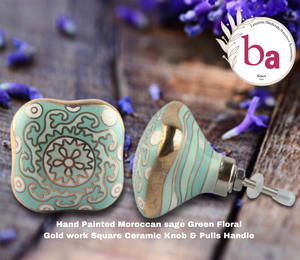 Moroccan Sage Agate Floral <b>Gold</b> Hexagon Ceramic <b>Knob</b> Hand Painted Industrial Kitchen Door Drawer <b>Cabinet</b> Cupboard Handle Easy - Product Image 2