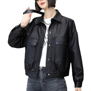 Chaqueta de cuero de piel de vaca sintética con estilo para mujer, chaqueta de solapa unida con bolsillos en el pecho, diseño de PU - Product Image 6