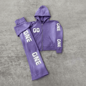 Conjunto de sudaderas con capucha y pantalones de chándal con lavado ácido apilados personalizados, chándal bordado desgastado de retazos acampanados de pierna ancha - Product Image 5