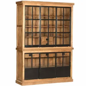 2022 Large Solid Mango Wooden & Iron 5 Glass Sliding Doors With Storage drawers Hutch Display Buffet Showcase Cupboard Cabinet