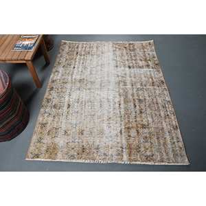 Tapis Patchwork Vintage en Laine Beige Grand Style Classique de 4.1x5.3 pieds pour Entrée Fait à la Main en Peluche Pile Couloir Rectangulaire pour Adolescents - Product Image 1