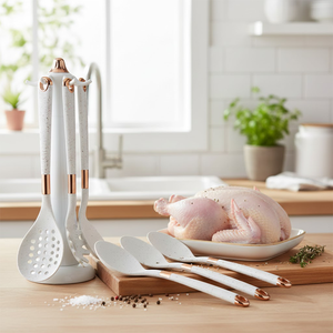 7-PCs Imported <b>Silicone</b> Kitchen Utensil Set White Dotted Handle Spoon Heat Resistant Rubber Cooking <b>Tool</b> Set - Product Image 3