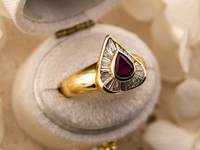 Antique Vintage 14K Gold Fine Ring Ruby Pear And Baguette Cut Lab Grown Diamond Classic Ring Wedding Gift Jewelry for Lovers