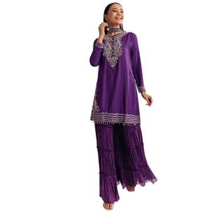 <b>Purple</b> Moti Threadwork Dola Silk Sharara Suit with Organza Dupatta <b>for</b> Bridal Party Festive Reception Custom Cultural Occasions - Product Image 2