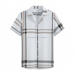 ชุดเสื้อเชิ้ตลายสก็อตผู้ชายแบบ OEM สั่งทำพิเศษ - เสื้อแขนสั้นลายตารางสีขาวและกางเกงขาสั้นสีเบจ ชุด 2 ชิ้น - Product Image 5