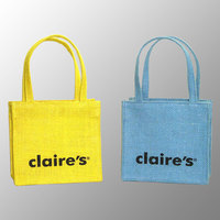 Mini Bolsa De yute colorida con asas largas, Impresión de logotipo personalizado, pequeña Promoción de compras de yute, bolsas de regalo, bolsa de compras de joyería cosmética