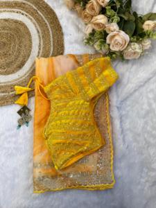 Magnifique sari en soie pure et douce Rangoli avec de magnifiques imprimés prismatiques et un travail de broderie incroyable, séquence de 3 mm et Aarco - Product Image 5