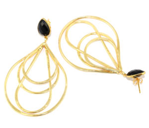 Pendientes Colgantes de Metal de Latón Chapado en Oro de 18K con Cuarzo Hidro de Ónix Negro de Corte a Cuadros y Diseño Contemporáneo, Forma de Pera, Venta al por Mayor - Product Image 3