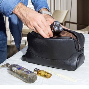 Leather Toiletry <b>Bag</b> With Zipper Closure Soft Handle Medium Capacity Classic Style Travel Dopp <b>Kit</b> Black - Product Image 3