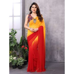 Sari en Georgette Imprimé Numérique Couleur Unie Bloc de Couleurs Indien Qualité Premium Indienne - Product Image 3