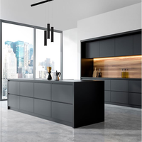 Lemari Dapur Modern Foshan Akrilik Modular Warna Kayu Walnut Amerika dengan Lampu LED, Lemari Dapur PVC Matt Abu-abu Hitam Lacquer
