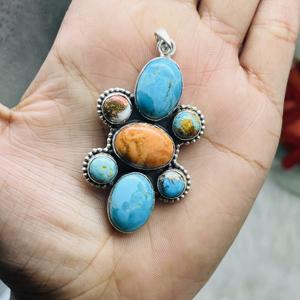 Colgante de turquesa de cobre de ostra, colgante de piedras preciosas de turquesa de Plata de Ley 925, joyería de plata, colgante hecho a mano de diseñador - Product Image 5
