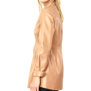 Women's Stylish Lightweight Faux Leather Long Sleeve T-Shirt <b>Brown</b> Comfortable Fit for Office or Street Fashion Leather Shirt - Product Image 4