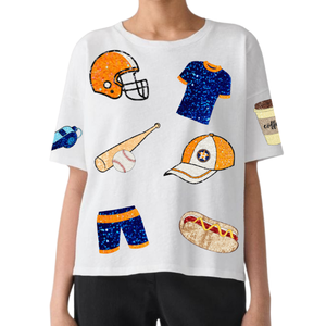 Camiseta de algodón súper suave para mujer, camiseta de estilo informal a la moda, con lentejuelas bordadas a mano, logotipo personalizado, transpirable, holgada, para el día del juego - Product Image 4