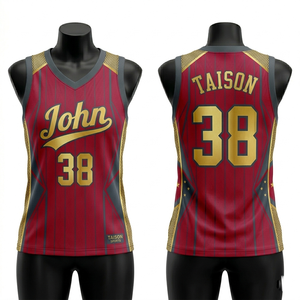 เสื้อบาสเก็ตบอลหญิง ผ้าโพลีเอสเตอร์ตาข่าย 180 GSM สีแดงทอง แผงข้างระบายอากาศได้ดี พิมพ์โลโก้แบบซับลิเมชั่นตามสั่ง - Product Image 1