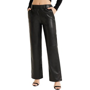 OEM Design Women's Lightweight Leather Breathable Pants Straight Wide Leg Baggy <b>Trousers</b> Front Flat Button Fly Mid Custom - Product Image 4