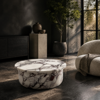 Table basse ronde en marbre Calacatta Viola avec base tambour, table centrale en pierre pour salon