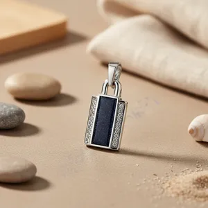 Collier pendentif tendance en pierre de grès bleue argentée géométrique pour femmes - Chaîne en laiton Bijoux - Product Image 2