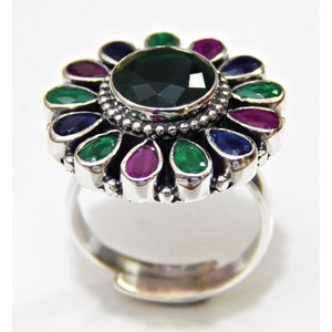 Anillo de joyería Floral de Plata de Ley 925 hecho a mano, anillo de circón azul de ónix verde rubí, R0185-GS - Product Image 6