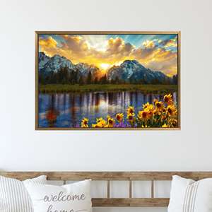 Impression sur toile du parc Grand Teton, art mural paysager montagneux fait main, 1P : encadrement doré - Product Image 1