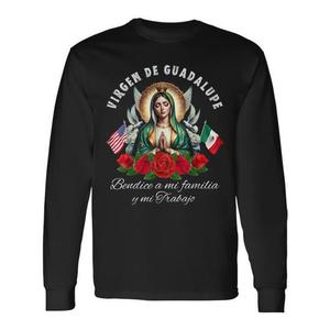 T-shirt a maniche lunghe con design della Vergine di Guadalupe, bandiere messicane e americane e rose - Product Image 1