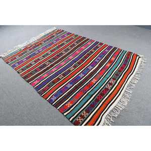 Tapis vintage 5,1 x 6,9 pieds, tapis turc abstrait rouge et bleu en laine - Product Image 2