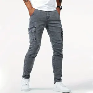 Jean pour homme de couleur unie, pantalon cargo en denim multi-poches, taille moyenne, slim fit, tenue quotidienne pour printemps automne - Product Image 2