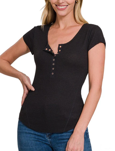 Trendy and Unique Casual <b>Waffle</b> Snap Button Embellished Split Neck Cap Sleeve cozy & relaxed fit women T <b>shirt</b> - Product Image 4