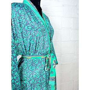 Recycled Vintage Silk Sari Robe Floral Print Boho House <b>Kimono</b> Dressing Gown <b>Beach</b> Coverup Bridesmaid Anniversary Gift for Her - Product Image 5