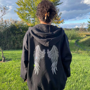 Sweat à capuche surdimensionné avec strass sérigraphié ZIPPER Angel Wing Hoodies Fabricant Loose Fit Heavy Cotton Hoodie - Product Image 1