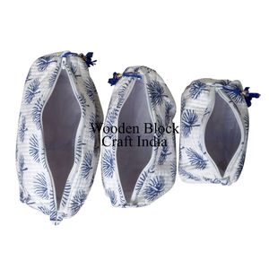 Beautiful white Quilted Hand Block Printed Indian Zipper closure Small Makeup <b>Bag</b> <b>for</b> Wash Pouch 3 Pieces Cosmetic Organizer - Product Image 4