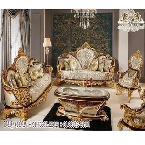 Meubles de salon de luxe poli or Maharaja ensemble de canapés de luxe sculpté en feuille d'or brillant ensemble de canapés en bois de teck français massif - Product Image 1