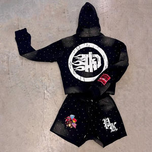 Ensemble sweat à capuche et short surdimensionné pour homme en molleton de coton 500 g/m² avec logo personnalisé imprimé DTG, sans cordon, orné de strass, style streetwear hivernal - Product Image 2