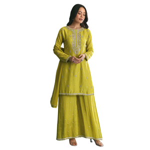 Ensemble de palazzo Kurta vert avec broderie de paillettes Vente en gros Vêtements ethniques pour femmes Fabricant d'équipement Fournisseur en vrac Vêtements personnalisés - Product Image 4
