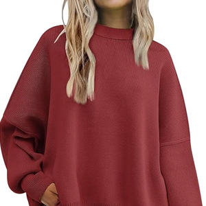 CREWNECK CHRISTMAS SWEATER <b>OVERSIZED</b> BATWING <b>WOMEN</b> FALL TRENDY SIDE SLIT KNIT PULLOVER TOPS LOOSE CASUAL KNITWEAR - Product Image 1