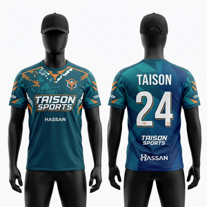 Camiseta deportiva para hombre, 160 GSM, poliéster premium, tela que absorbe la humedad, azul verdoso, diseño de paneles en contraste, logotipo personalizado por sublimación - Product Image 2