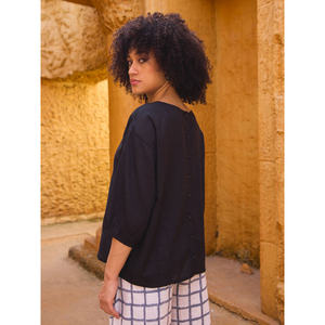 Haut décontracté pour femme en mélange de lin noir à motif floral, col licou, sans manches, coupe ample vintage, respirant, en popeline tissée, toutes saisons - Product Image 3