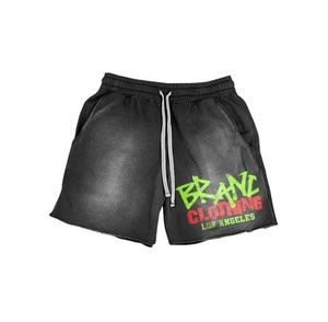 Custom LOGO Distressed Embroidery Cotton Sweat Shorts Sun Faded Shorts Cut <b>Edge</b> Acid Wash Shorts Men - Product Image 3