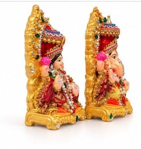 Ensemble de 2 statues religieuses Ganesha et Lakshmi en polyrésine, fabriquées à la main, décoration traditionnelle pour la maison, cadeau de Diwali - Product Image 3