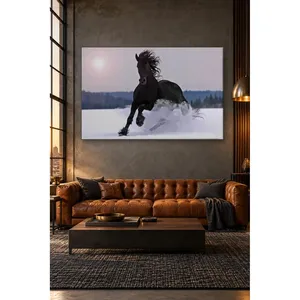 Impression sur toile de Fida Black Horse galopant sur une prairie enneigée - Product Image 1
