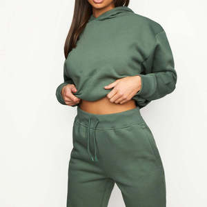 Nouveau Style personnalisé femmes survêtement capuche Crop ensembles sérigraphie lourd 100% coton velours survêtement survêtements ensemble - Product Image 1
