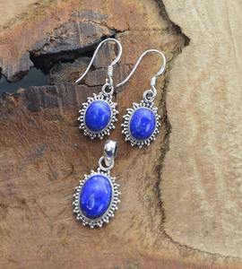 Boucles d'oreilles classiques faites à la main 925 boucles d'oreilles en argent massif pendentif ensemble bijoux femmes 925 argent Sterling Lapis pierres précieuses Style Boho - Product Image 2