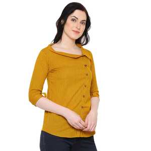 Camisa Cómoda de Algodón Color Mostaza para Mujer, con Cuello y Mangas Tres Cuartos, Diseño Flexible Estampado, Ideal para Uso Diario Casual en la Oficina - Product Image 2