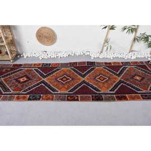 Tapis Ethnique en Laine Rouge Orange Patchwork Style Traditionnel, Motif Abstrait en Latex, Salle à Manger, Ensembles de Tapis Écologiques, 3x9.8ft - Product Image 3